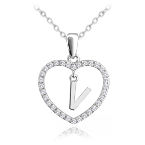 MINET Stříbrný náhrdelník písmeno v srdíčku „V“ se zirkony