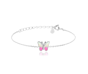 MINET Třpytivý dětský stříbrný náramek MOTÝLEK s růžovým opálem