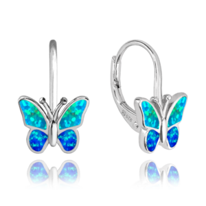 MINET Třpytivé dětské stříbrné náušnice MOTÝLCI s modrým opálem