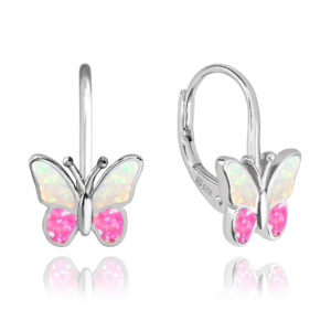 MINET Třpytivé dětské stříbrné náušnice MOTÝLCI s růžovým opálem