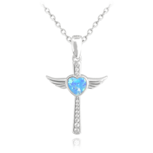 MINET Stříbrný náhrdelník ANDĚLSKÝ KŘÍŽEK s modrým opálovým srdíčkem