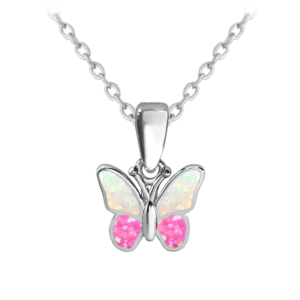 MINET Třpytivý dětský stříbrný náhrdelník MOTÝLEK s růžovým opálem