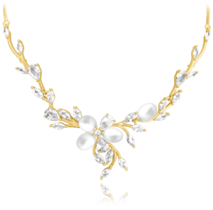 MINET Zdobný pozlacený stříbrný náhrdelník přírodní perly s bílými zirkony –  Ag 925/1000 15,90g