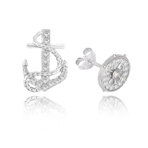 MINET Letní stříbrné náušnice KORMIDLO a KOTVA s bílými zirkony