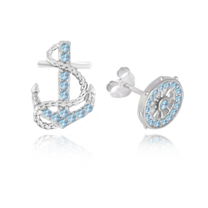 MINET Letní stříbrné náušnice KORMIDLO a KOTVA s modrými zirkony