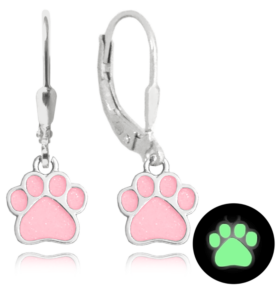 MINET Svítící růžové dětské stříbrné náušnice TLAPKY