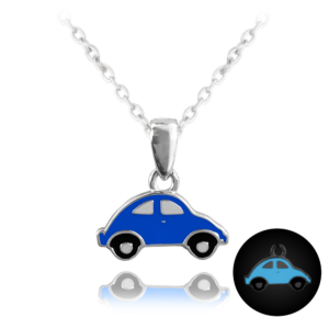 MINET Svítící modrý dětský stříbrný náhrdelník AUTO