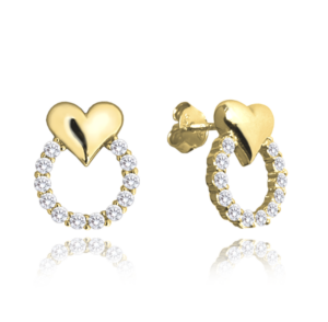 MINET Pozlacené stříbrné náušnice se srdíčky LOVE s bílými zirkony