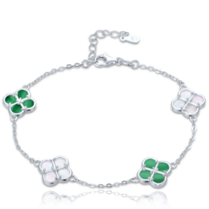 MINET Stříbrný náramek čtyřlístky s bílou perletí a malachitem