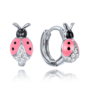 MINET Dětské stříbrné náušnice růžové berušky vykládané zirkony