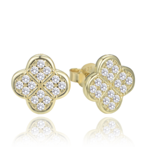MINET Pozlacené stříbrné náušnice čtyřlístky s bílými zirkony