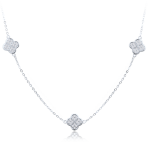 MINET Stříbrný náhrdelník čtyřlístky s bílými zirkony