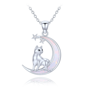 MINET Stříbrný náhrdelník kočka na měsíci s bílými a černými zirkony a bílým opálem