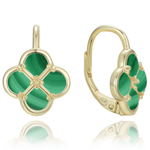 MINET Pozlacené stříbrné náušnice čtyřlístky s malachitem