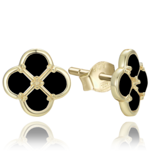 MINET Pozlacené stříbrné náušnice čtyřlístky s černou perletí