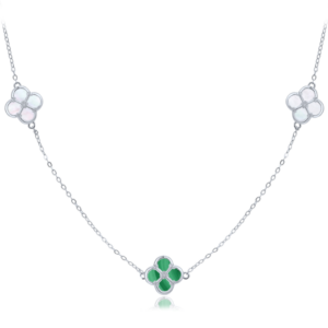 MINET Stříbrný náhrdelník čtyřlístky s bílou perletí a malachitem
