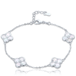 MINET Stříbrný náramek čtyřlístky s bílou perletí