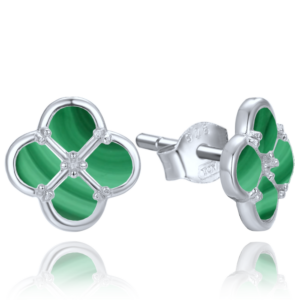 MINET Stříbrné náušnice čtyřlístky s malachitem