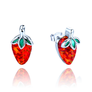 MINET Dětské stříbrné náušnice jahůdky s červeným opálem
