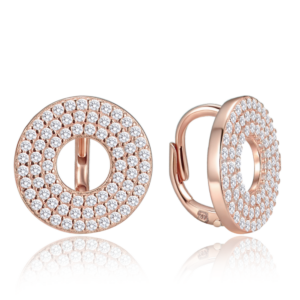 MINET Luxusní rose gold kruhové stříbrné náušnice s bílými zirkony