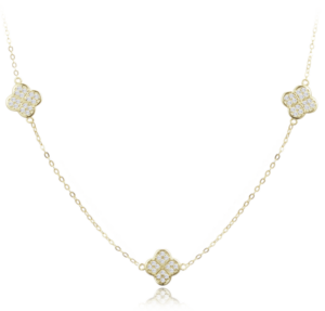 MINET Pozlacený stříbrný náhrdelník čtyřlístky s bílými zirkony