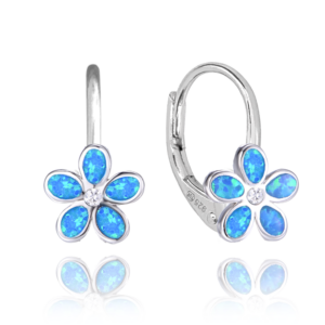 MINET Třpytivé dětské stříbrné náušnice KYTIČKY s modrými opálky a zirkonem