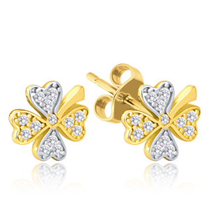 MINET Zlaté náušnice čtyřlístky s bílými zirkony Au 585/1000 1,70g