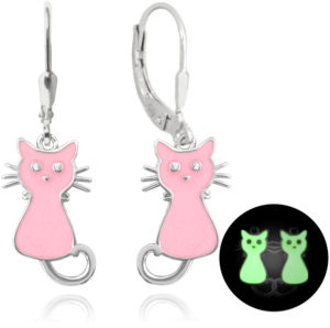 MINET Svítící růžové dětské stříbrné náušnice KOČIČKY