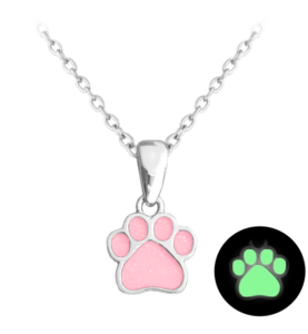 MINET Svítící růžový dětský stříbrný náhrdelník TLAPKA