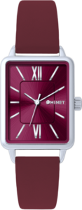 MINET Stříbrno-vínové dámské hodinky SIENA s vínovým koženým řemínkem