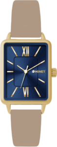MINET Zlato-modré dámské hodinky SIENA s béžovým koženým řemínkem