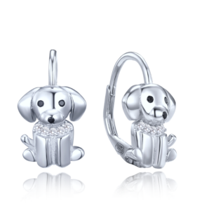 MINET Dětské stříbrné náušnice pejsci s černými a bílými zirkony