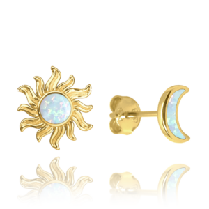 MINET Pozlacené stříbrné náušnice SLUNCE a MĚSÍC s bílými opály