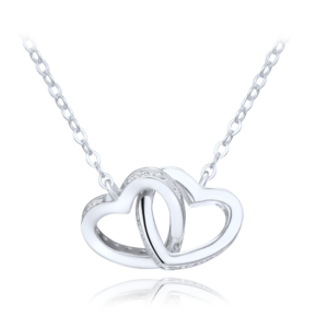 MINET Stříbrný náhrdelník spojená srdíčka s bílými zirkony