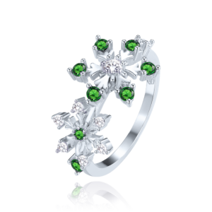 MINET Stříbrný prsten sněhová vločka s bílými a zelenými zirkony vel. 51