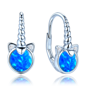 MINET Dětské stříbrné náušnice jednorožci s modrými opály a bílými zirkony