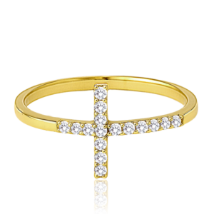 MINET Zlatý prsten křížek s bílými zirkony Au 585/1000 vel. 60 – 1,25g
