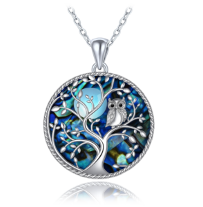 MINET Stříbrný náhrdelník strom života se sovou s černými zirkony a perletí